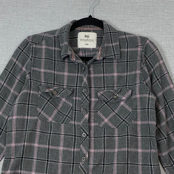 WindRiver Flannel Shirt Roll Tab Sleeves Cotton Sz Med Grey Pink Plaid - Picture 3 of 10